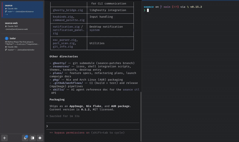 Séance in action: running multiple AI coding agents in parallel, with live status tracking and desktop notifications